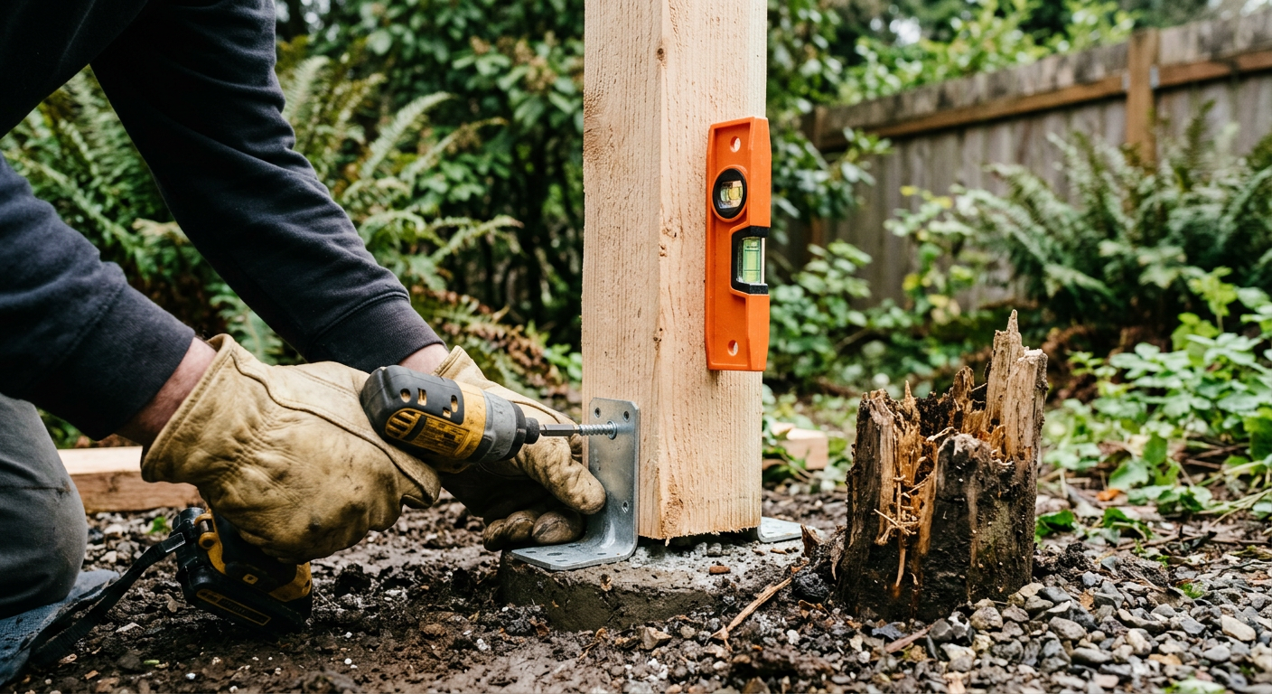 Close-up of a new cedar fence post being professionally installed during a fence repair in Magnolia, WA.