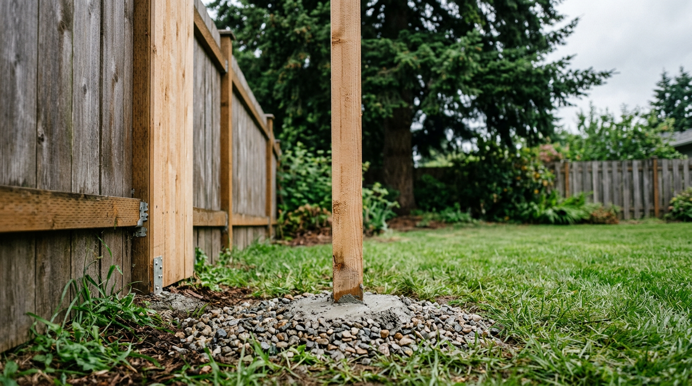 A newly replaced wooden fence post set in concrete, showing a proper fence repair in a Snohomish backyard.