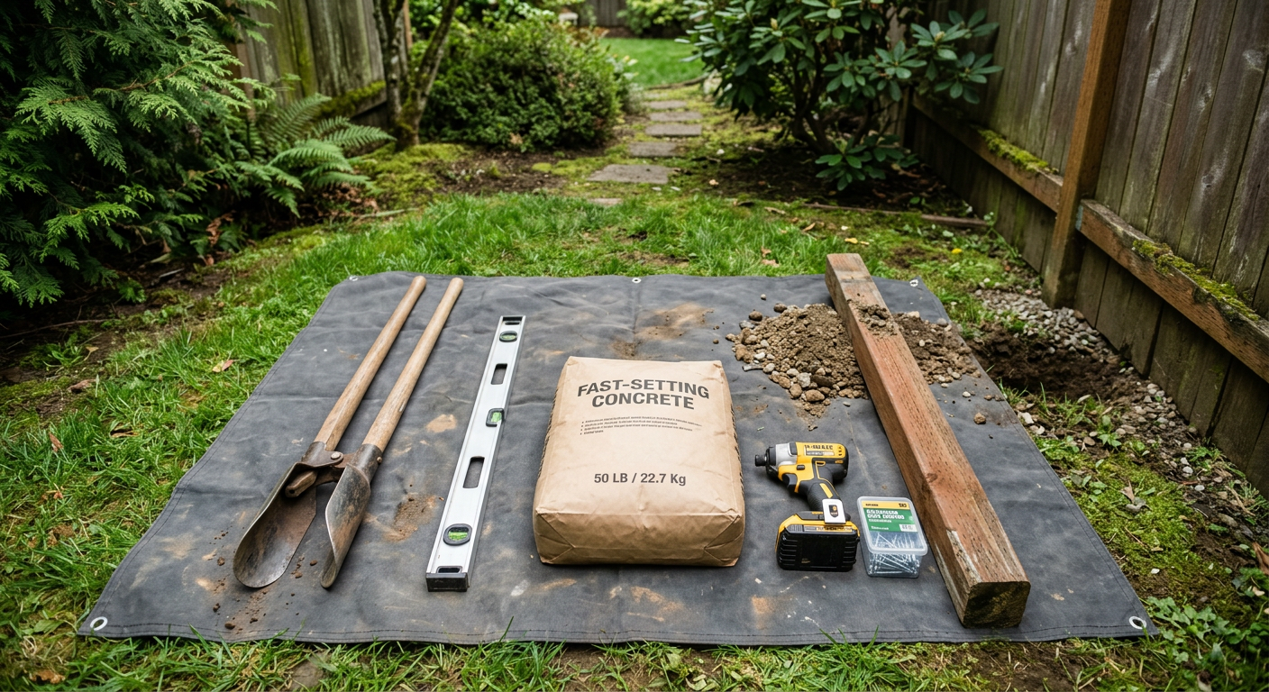 Tools for fence repairs in Edmonds, including a post-hole digger, level, and screws, laid out on a lawn.