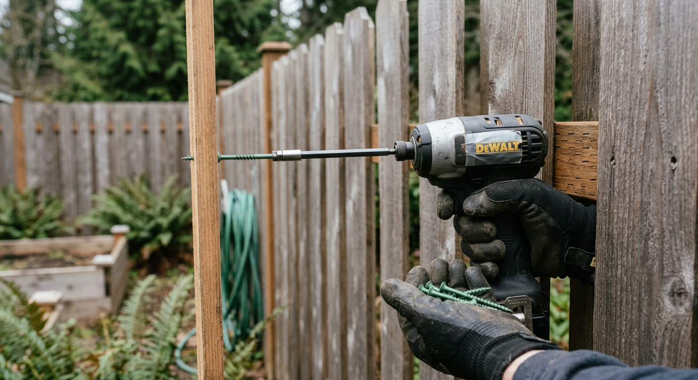 Close-up of a handyman performing fence repairs on a cedar fence in Edmonds, WA.
