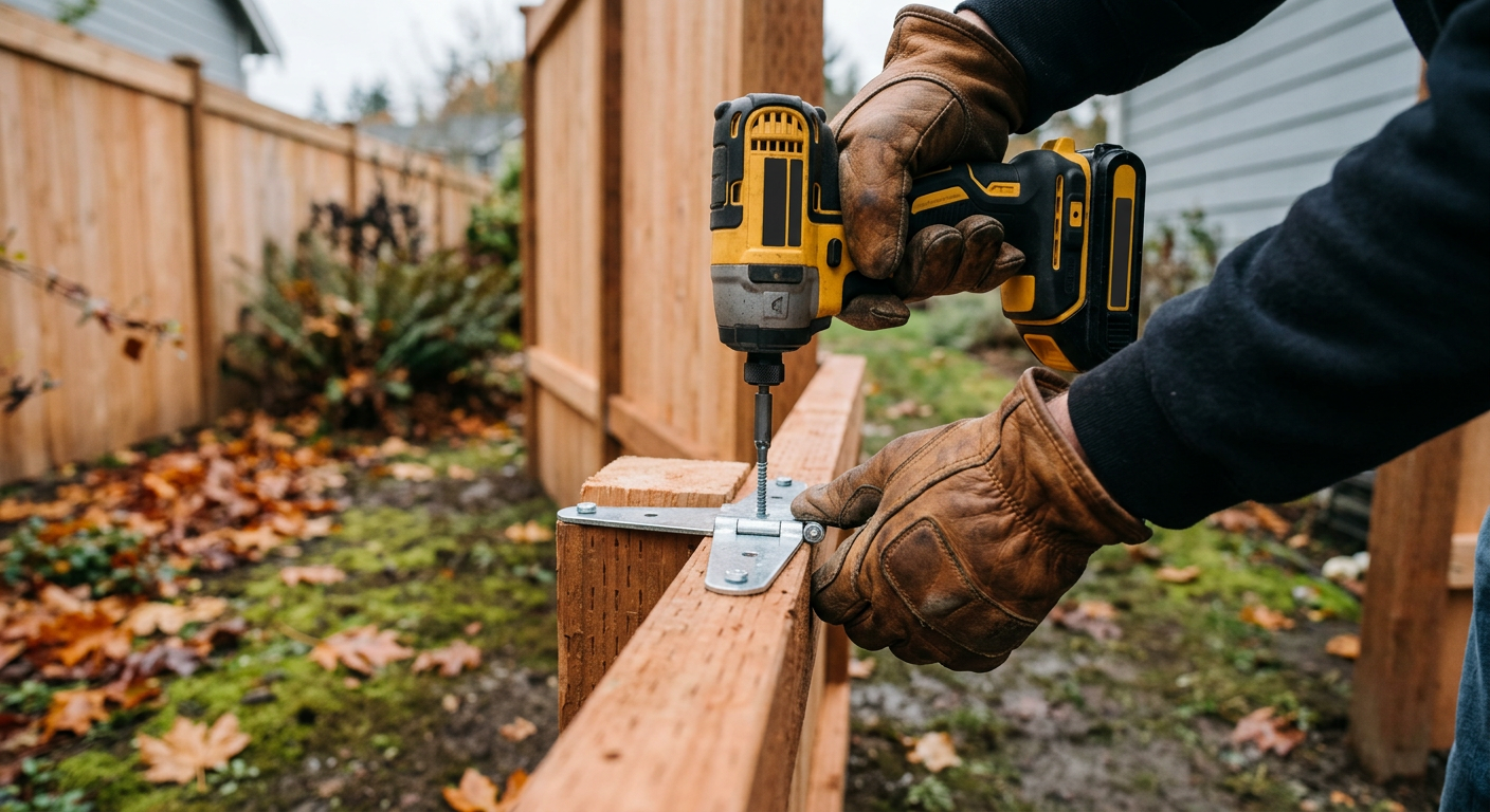 Close-up of contractor hands repairing a cedar fence gate latch with an impact driver in Edmonds WA