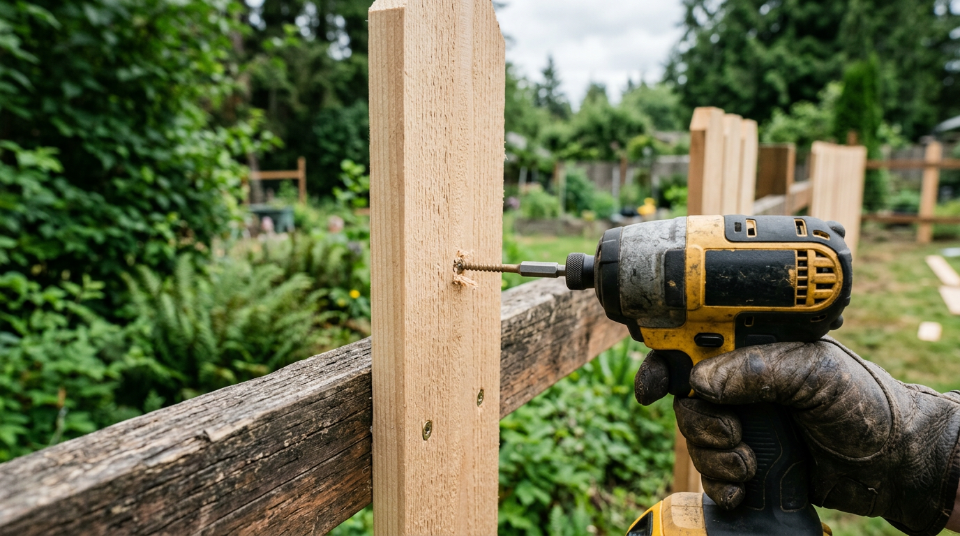 Close-up of a new cedar fence picket being installed during fence repairs in Edmonds, WA.