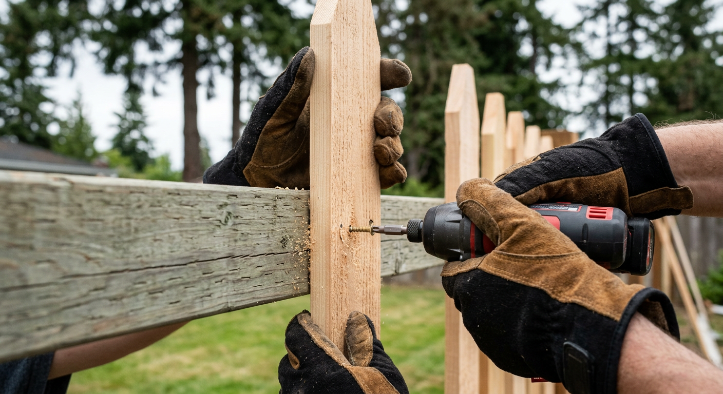 A carpenter performing fence repairs on a cedar fence in Everett, WA by fastening a new picket.