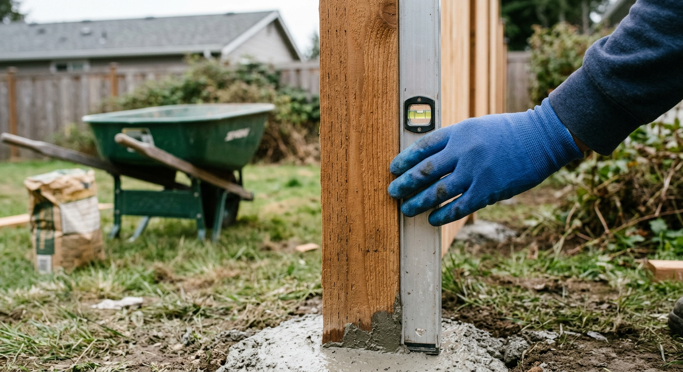 A handyman checking a new cedar fence post with a level during a fence repair in Everett, Washington.
