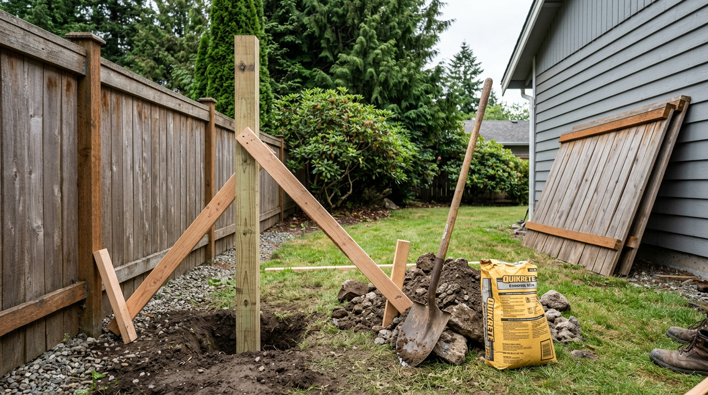 A new pressure-treated fence post being professionally installed for a fence repair in Everett, Washington.
