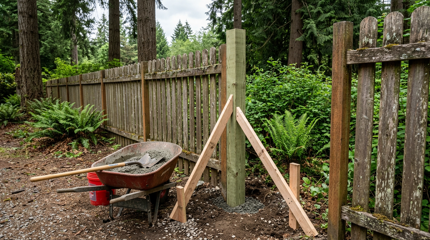 A new fence post being installed in a cedar fence line during a repair in Hunts Point, WA.