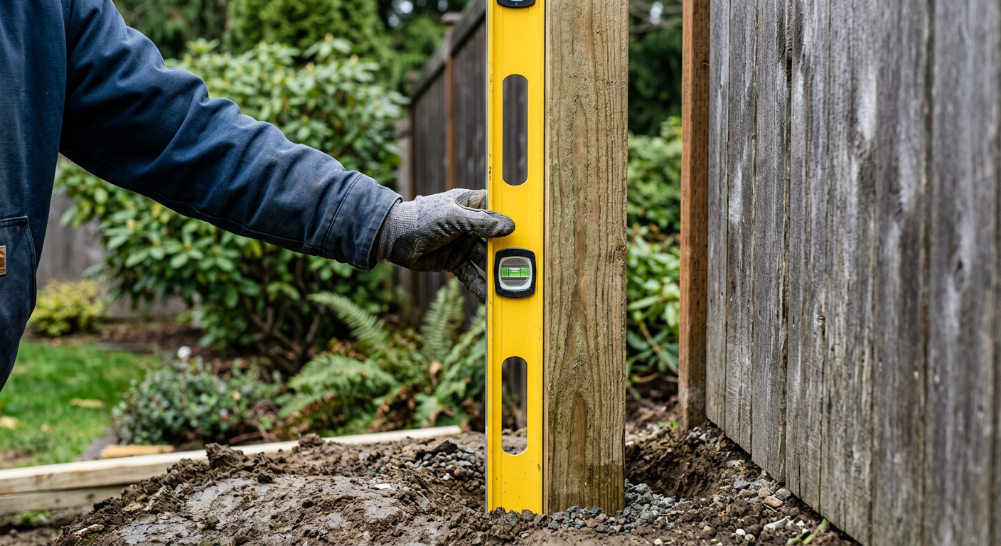 A new wood fence post being installed during fence repairs on a Hunts Point, WA property.