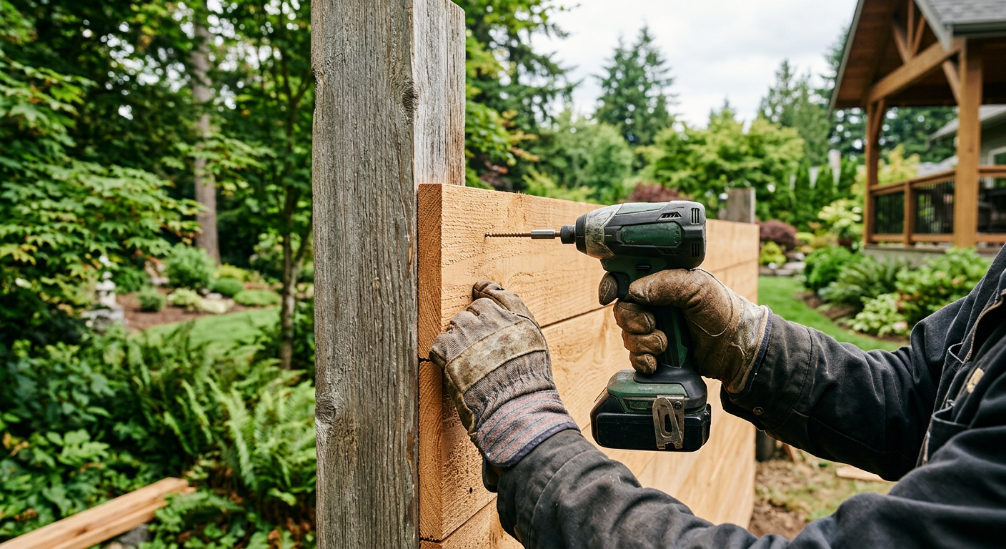 Close-up of a cedar fence repair in a Hunts Point, WA backyard, showing a new board being installed.