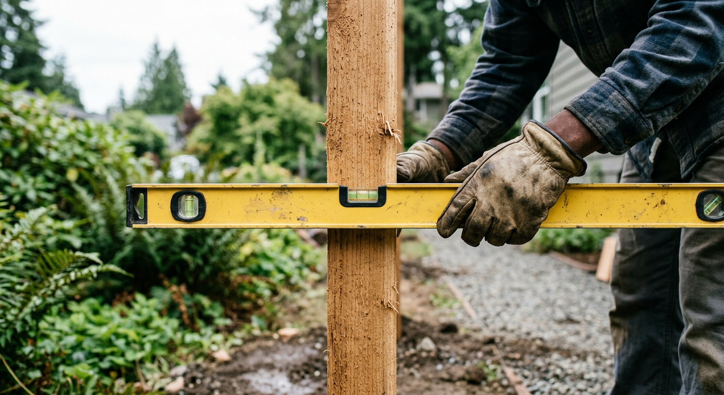 A close-up on a new cedar fence post being installed in a Magnolia, Washington backyard.