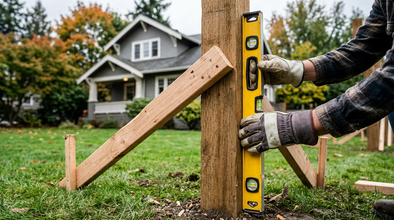A House Spouse technician performing fence repairs in Magnolia, WA by checking a new post with a level.