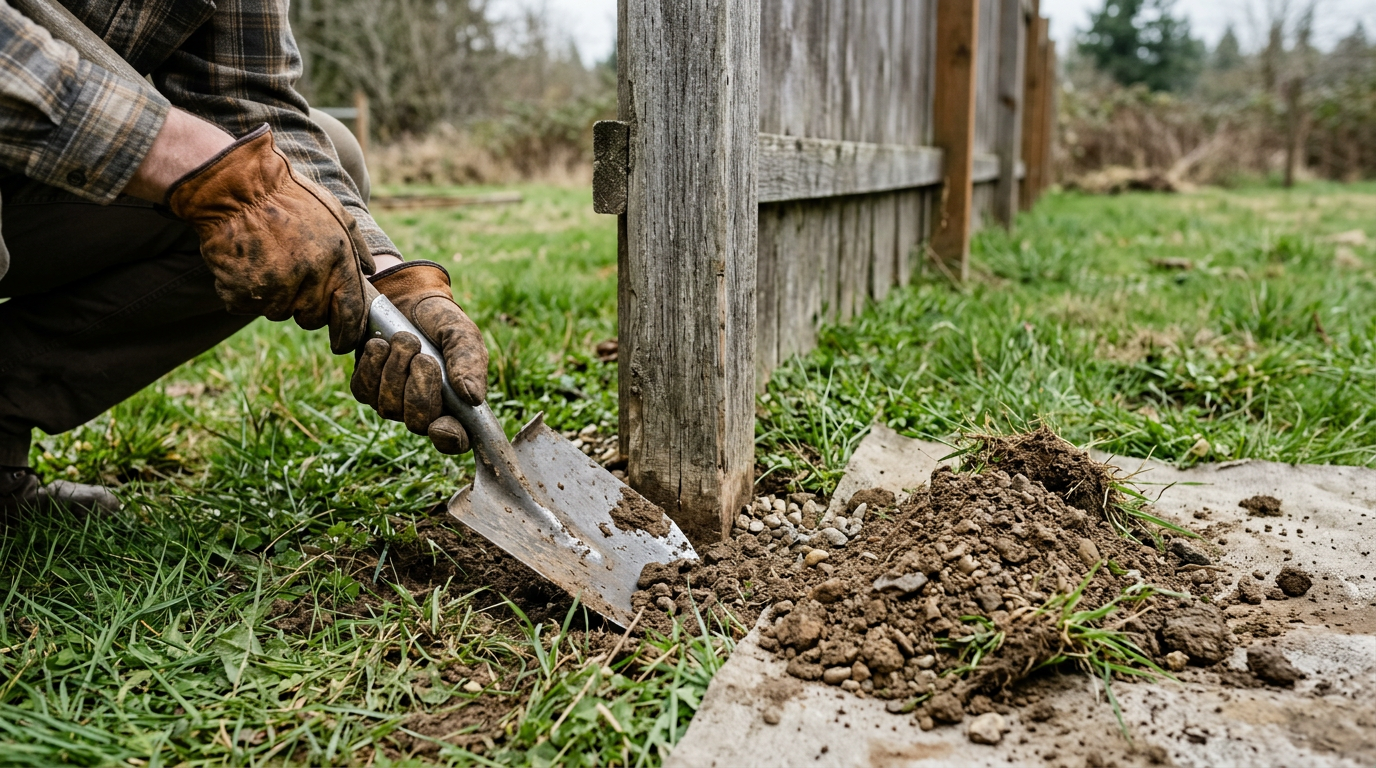 A handyman beginning fence repairs on a rotted post in a Magnolia, WA backyard.