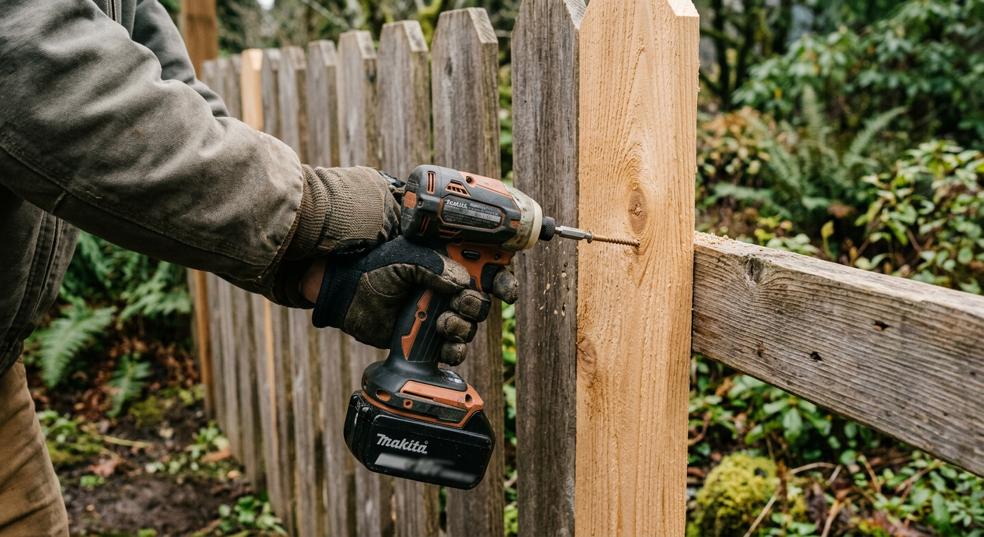 A handyman performing a professional fence repair on a cedar fence in Mill Creek, WA.