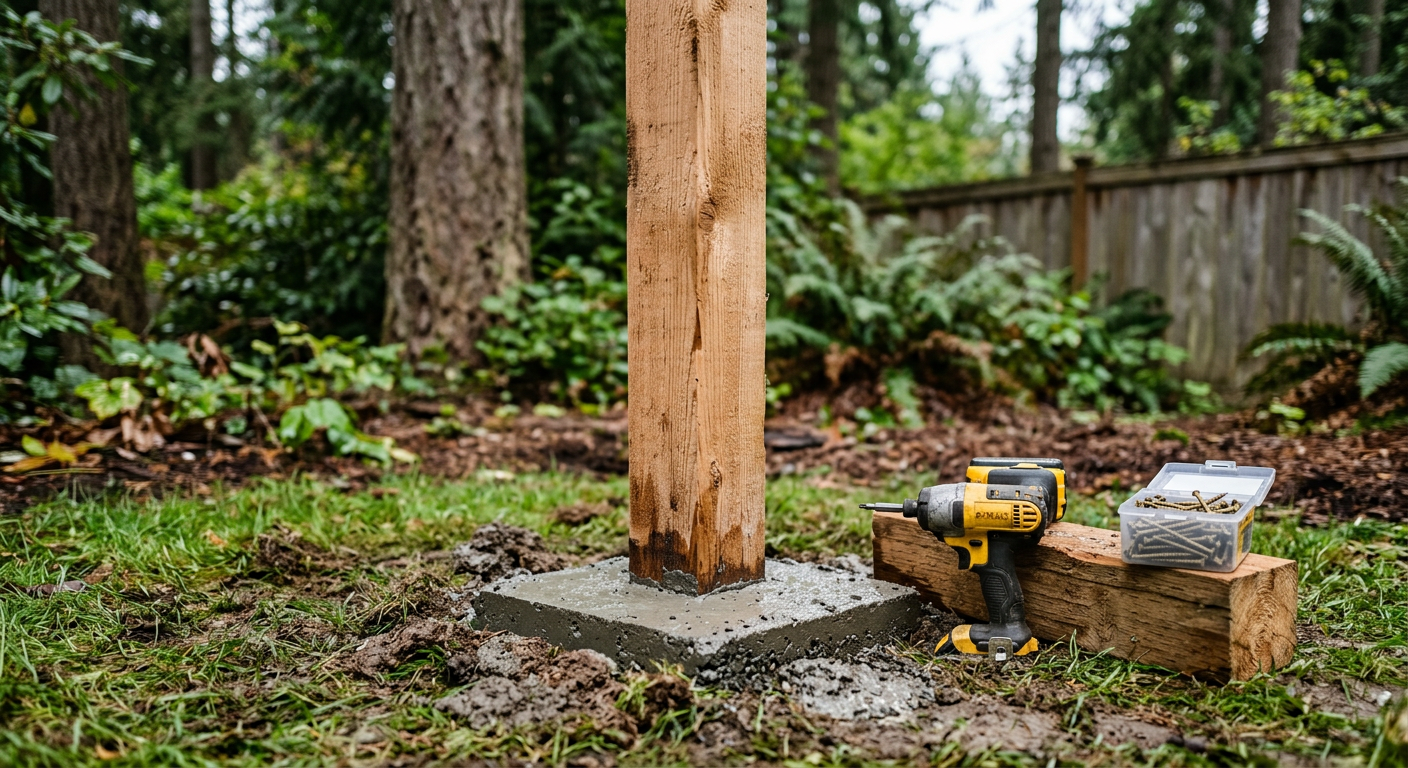 A newly installed cedar fence post for a home getting fence repairs in Mill Creek, Washington.