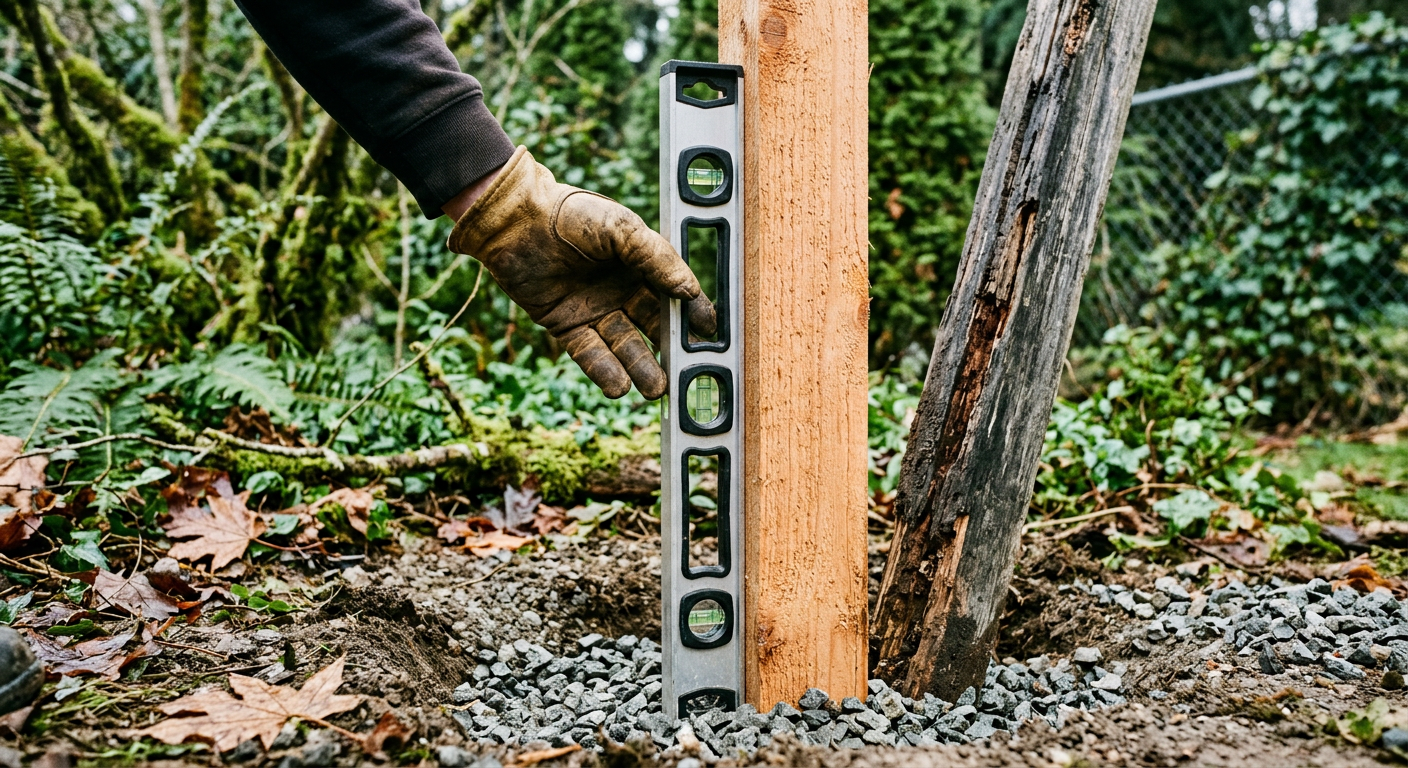 A new cedar fence post being checked with a level during a fence repair in a Mill Creek, Washington backyard.