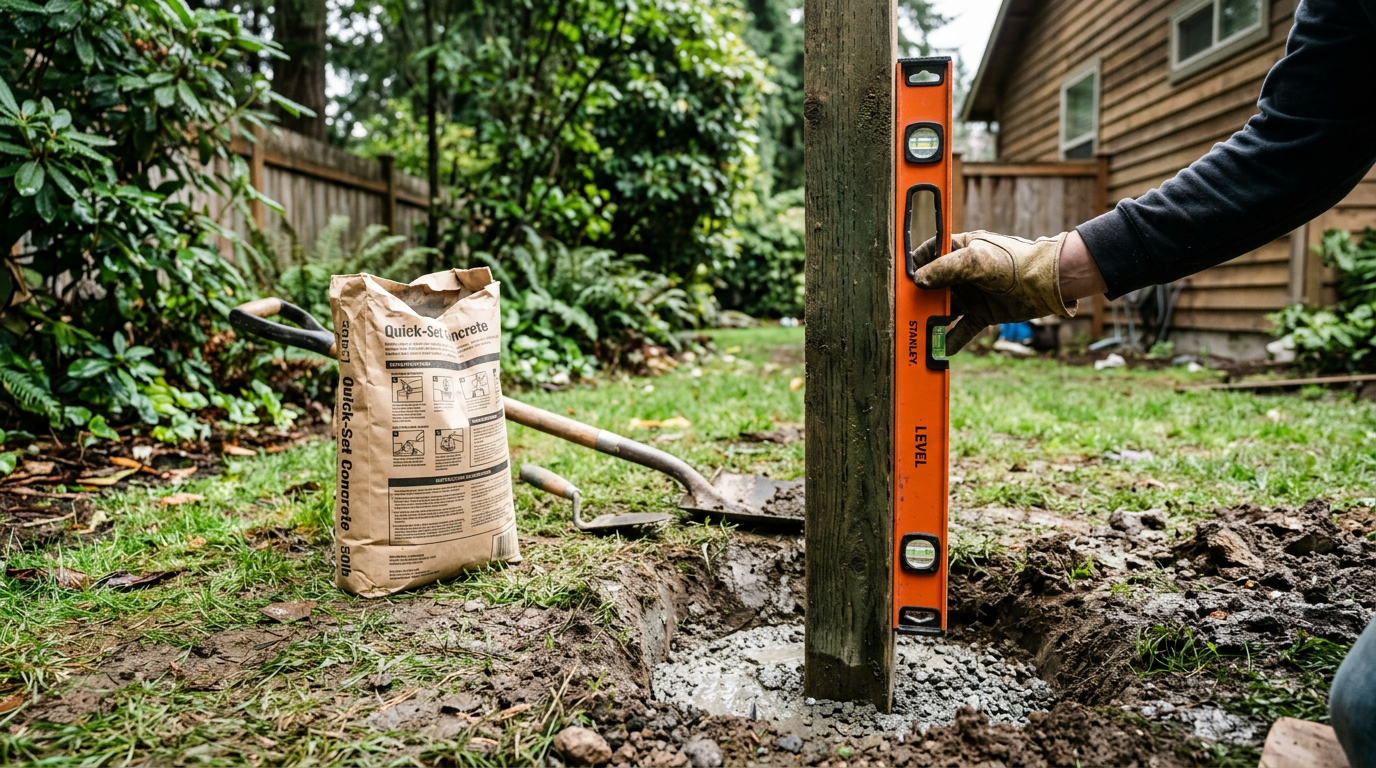 Close-up of a new fence post being installed during a fence repair in Mill Creek, WA.
