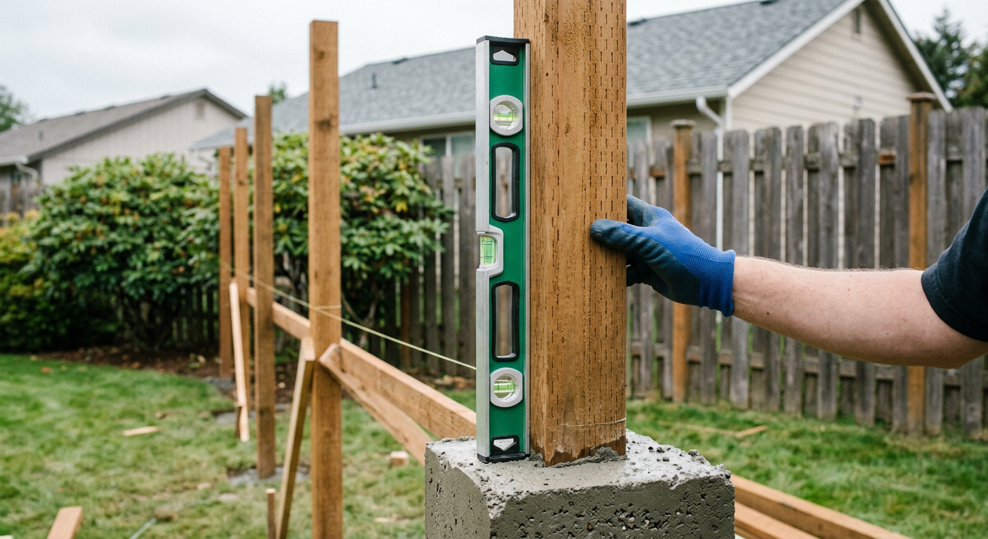 Leveling a new cedar fence post during a fence repair in Mill Creek, WA.