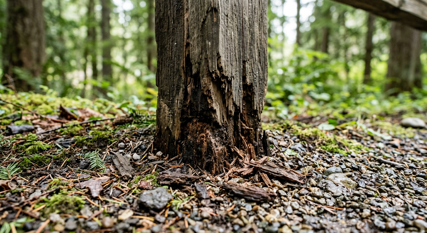 A close-up of a rotten wood fence post needing repair at a home in Newcastle, WA.
