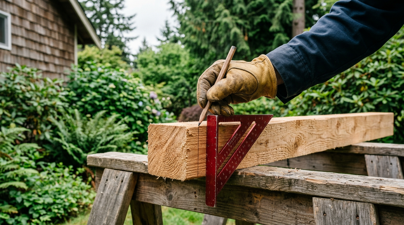 A new cedar fence post being marked for repair in a Newcastle, WA backyard.