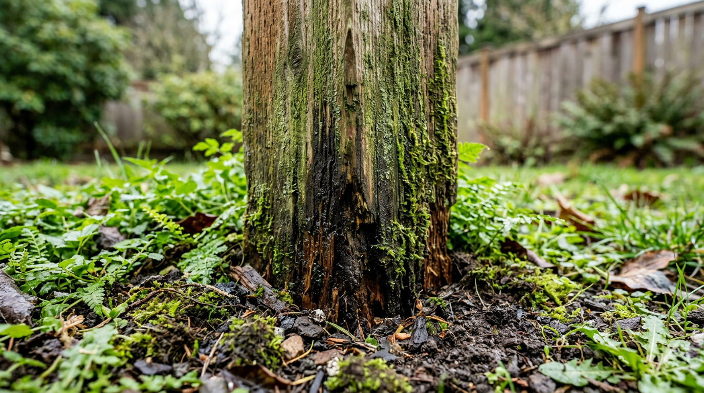 Close-up of a rotted cedar fence post at the ground level in Newcastle, WA, showing the need for fence repairs.