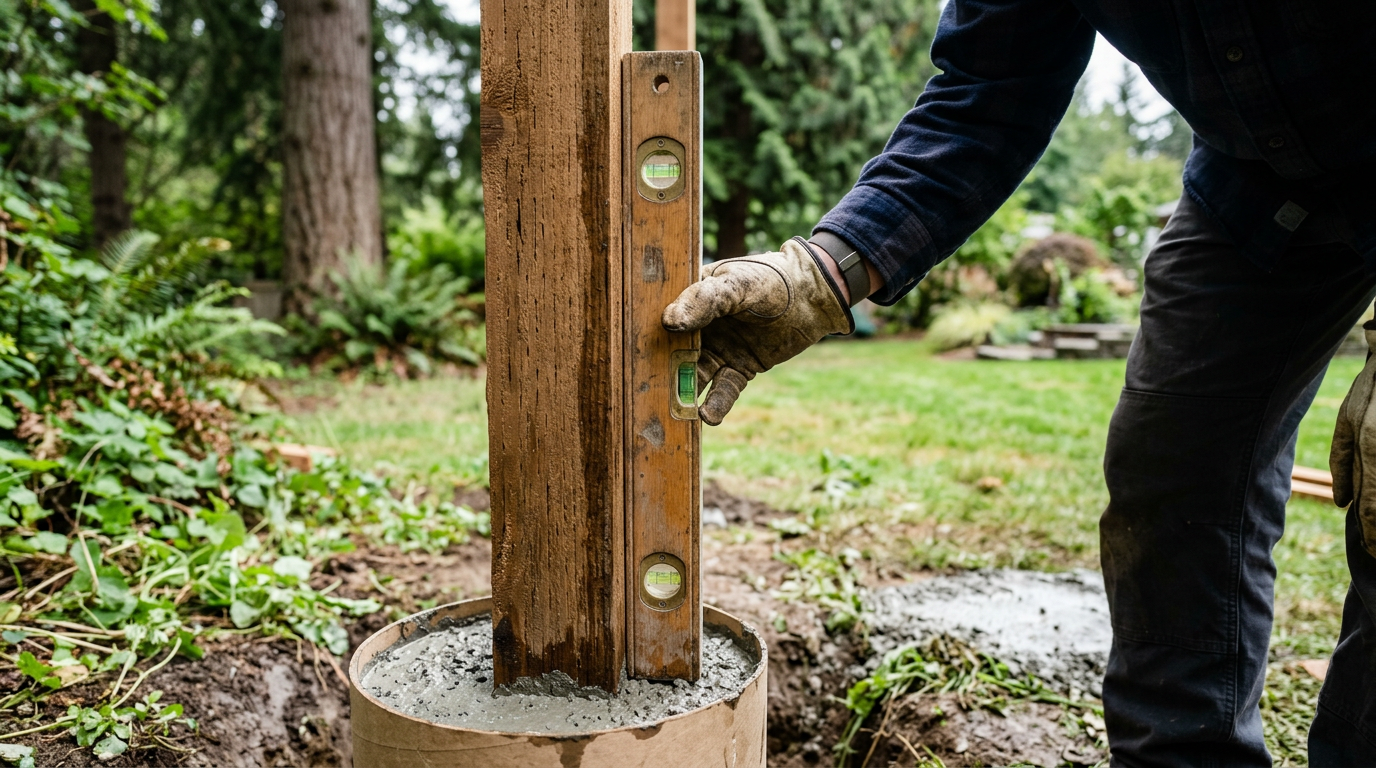 A new cedar fence post being installed and checked with a level during a fence repair project in Newcastle, WA.
