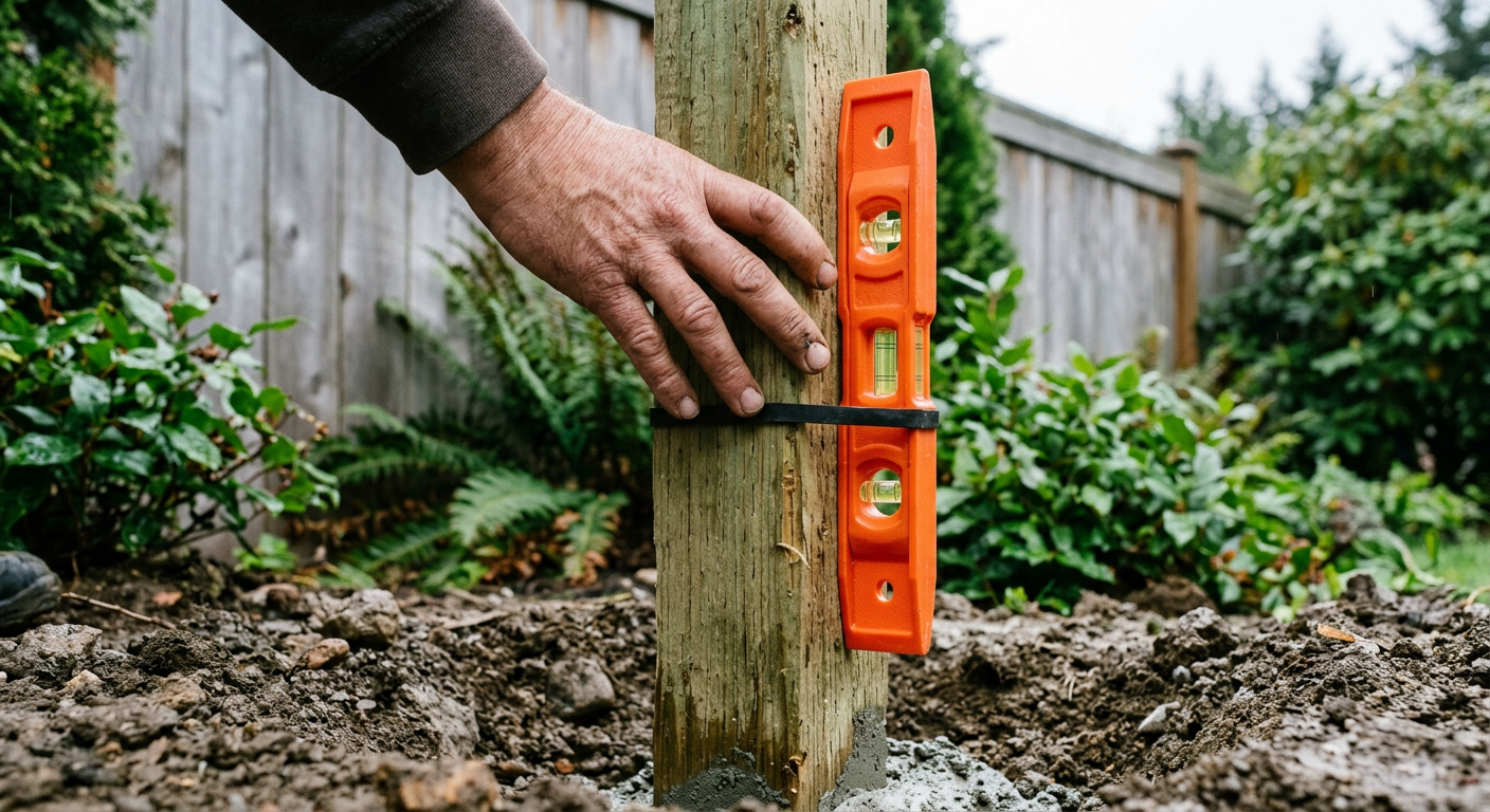 A new fence post being installed and checked with a level during a fence repair in Snohomish, WA.
