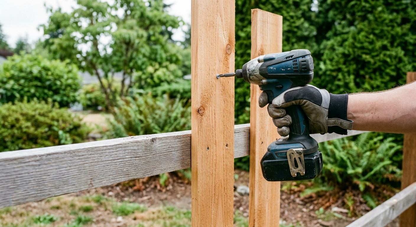 A technician performing professional fence repairs on a cedar fence in Snohomish, WA.