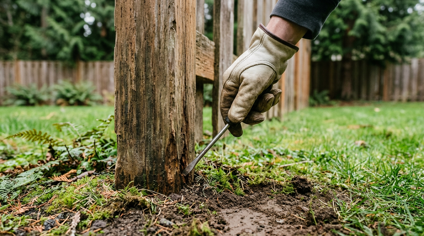 Checking a wooden fence post for rot at the ground level in Snohomish, WA.