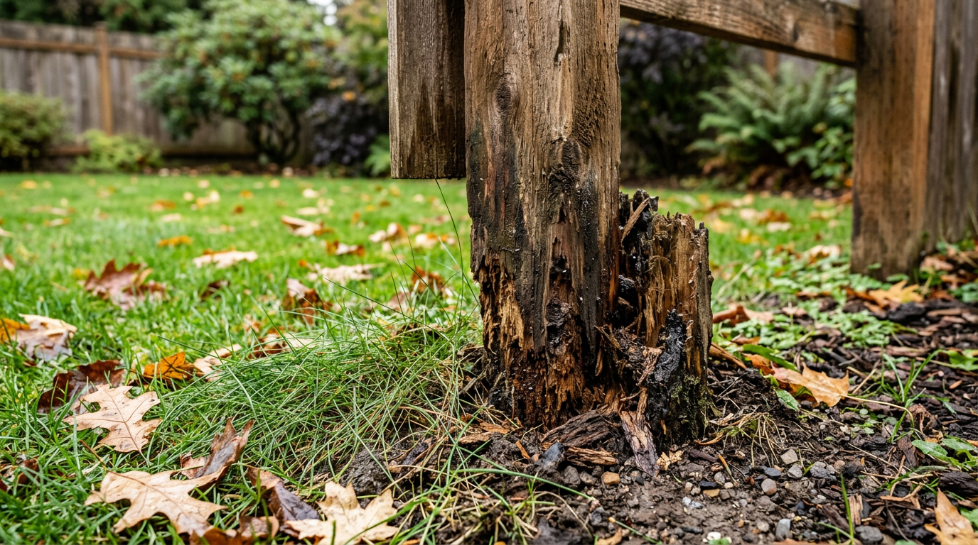 Close-up of a rotting wood fence post base, a common issue needing fence repairs in Snohomish, WA.