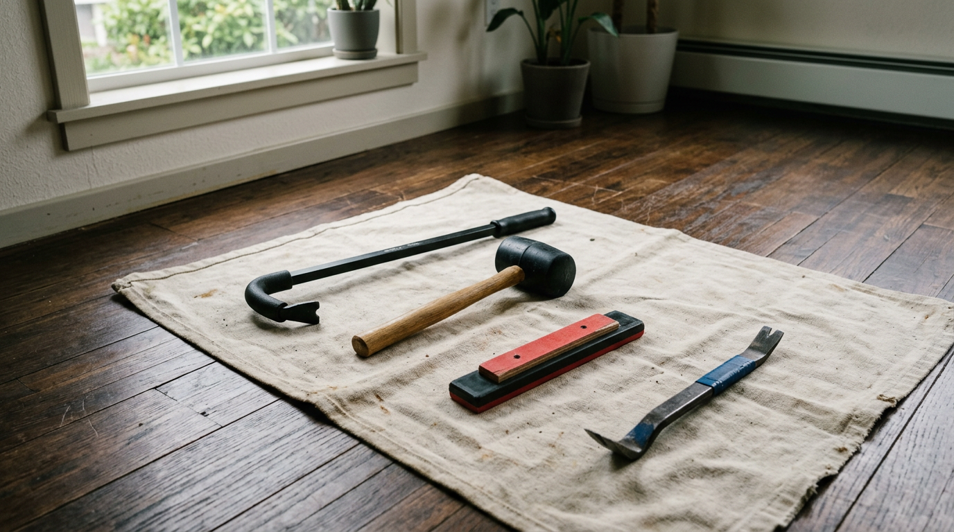 Tools for flooring repairs neatly laid out on a hardwood floor in an Arlington, WA home.