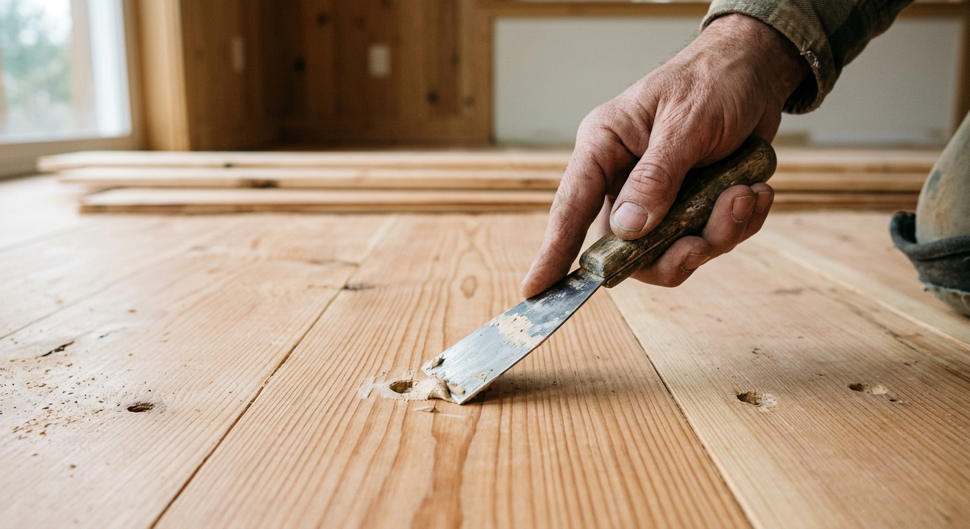 A House Spouse carpenter carefully making a flooring repair in an Arlington, WA home.