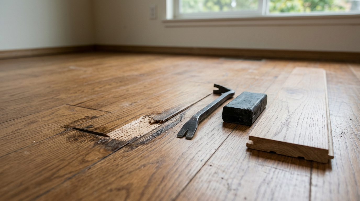 Close-up of a damaged hardwood floor plank needing repair in an Arlington, WA home.
