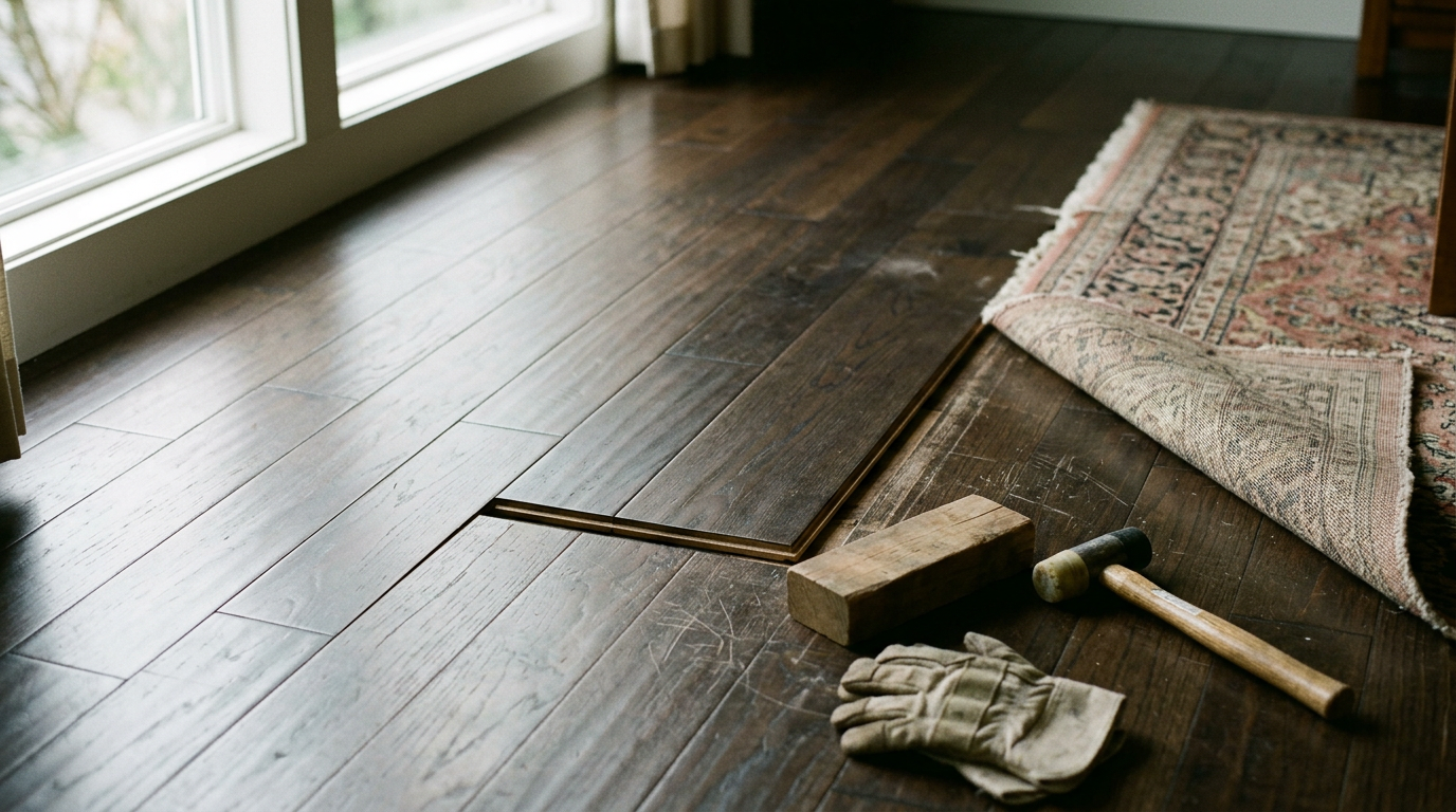 A perfectly repaired section of hardwood flooring in a Bellevue, WA home.