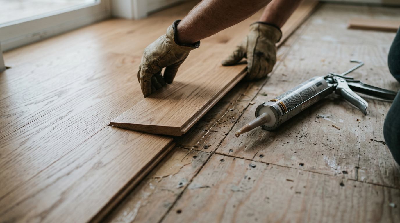 Close-up of a professional flooring repair in a Bellevue home, showing a new hardwood board being installed.