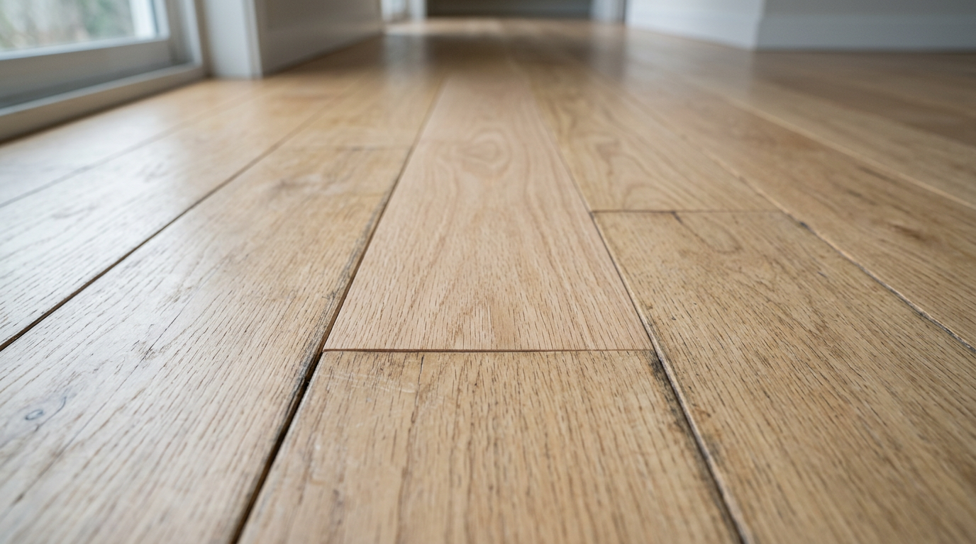 A close-up of a seamless hardwood flooring repair in a Bellevue, WA home.