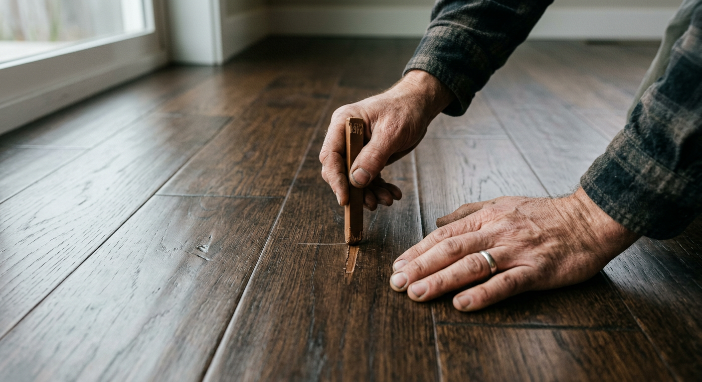 A close-up of a dark hardwood floor in Bellevue getting a minor scratch repair.