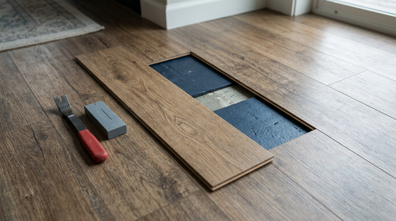 Close-up of a damaged floorboard being replaced during a flooring repair in an Arlington home.