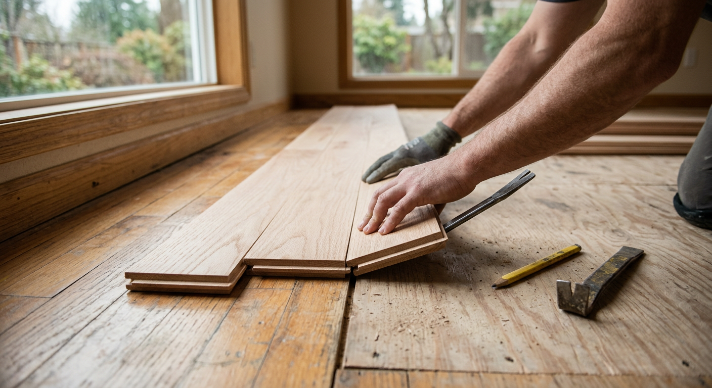 Close up of a flooring repair in a Medina WA home, showing new hardwood planks being installed.