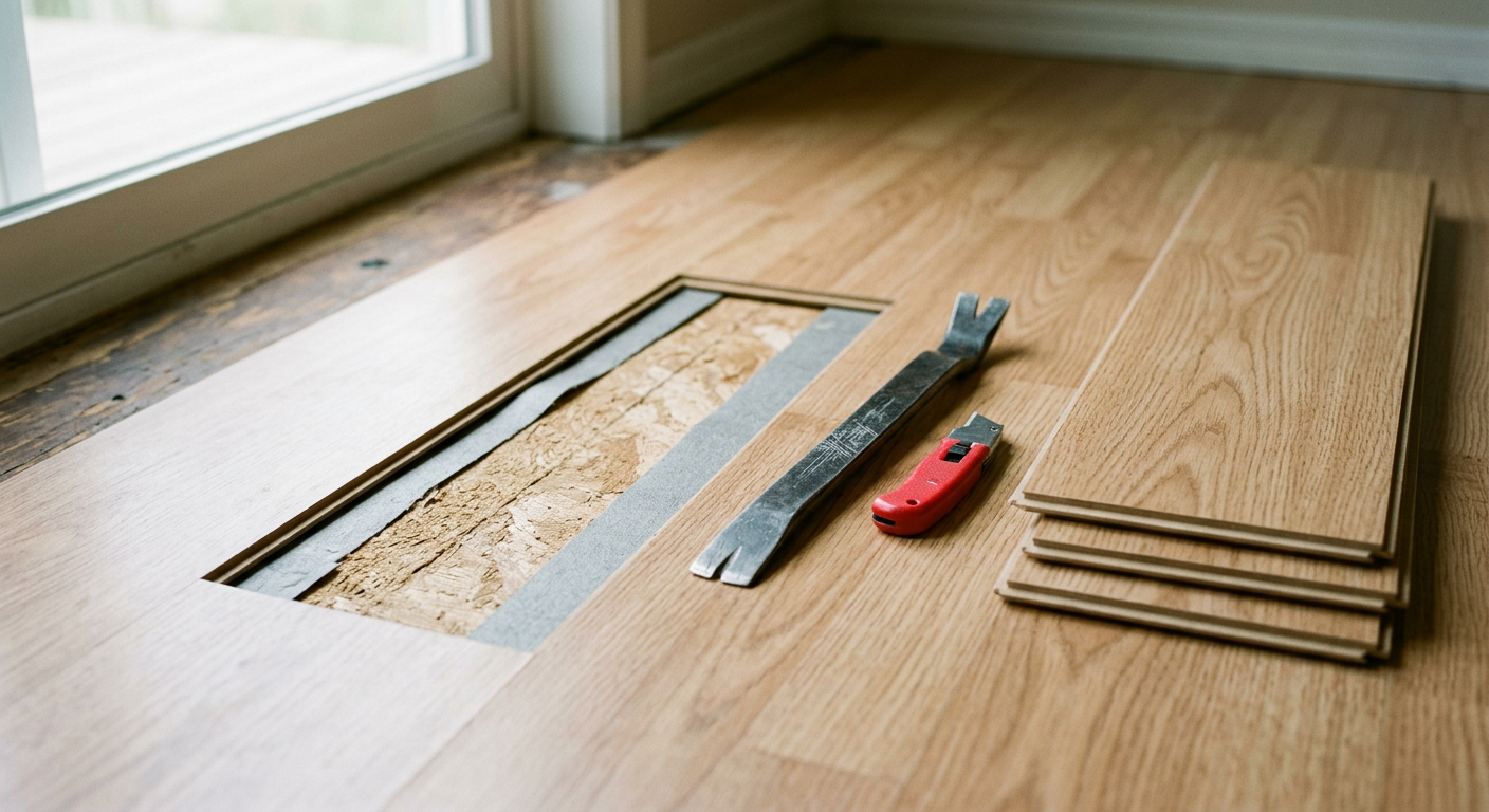 Close-up of a damaged laminate floorboard being repaired in a Kenmore, WA home.