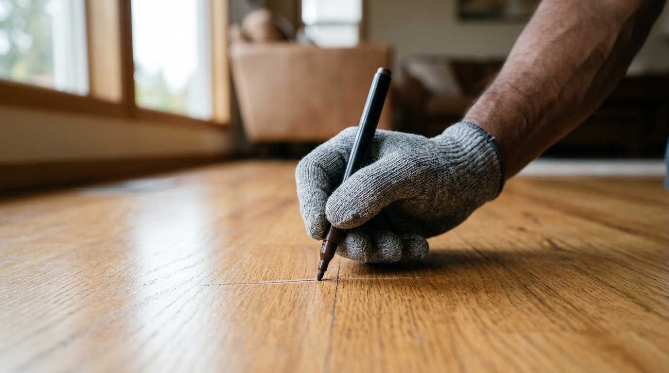 A close-up of a flooring repair being done on a hardwood floor in a Monroe, WA home.