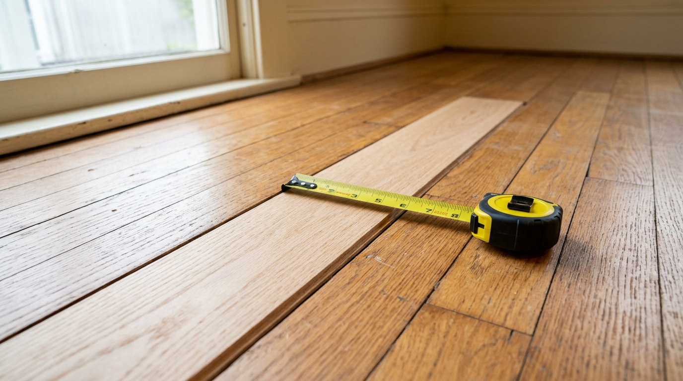 Close up of a newly repaired hardwood floor board in a Queen Anne, WA home, showing the cost-effective solution of a single board replacement.