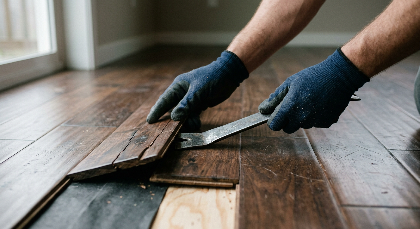 A House Spouse handyman carefully making a flooring repair on a hardwood floor in a Sammamish home.