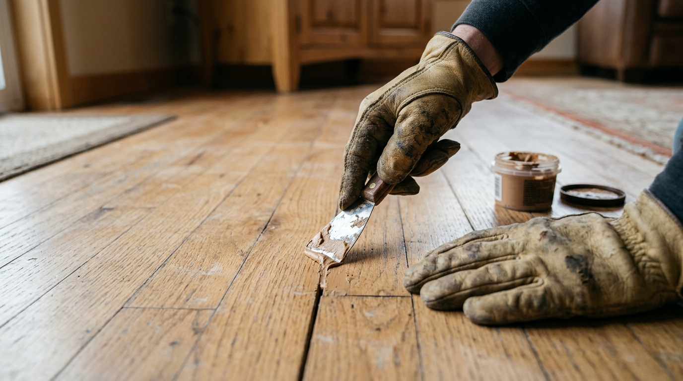 A handyman performing flooring repairs on a hardwood floor in a Kenmore, WA home.