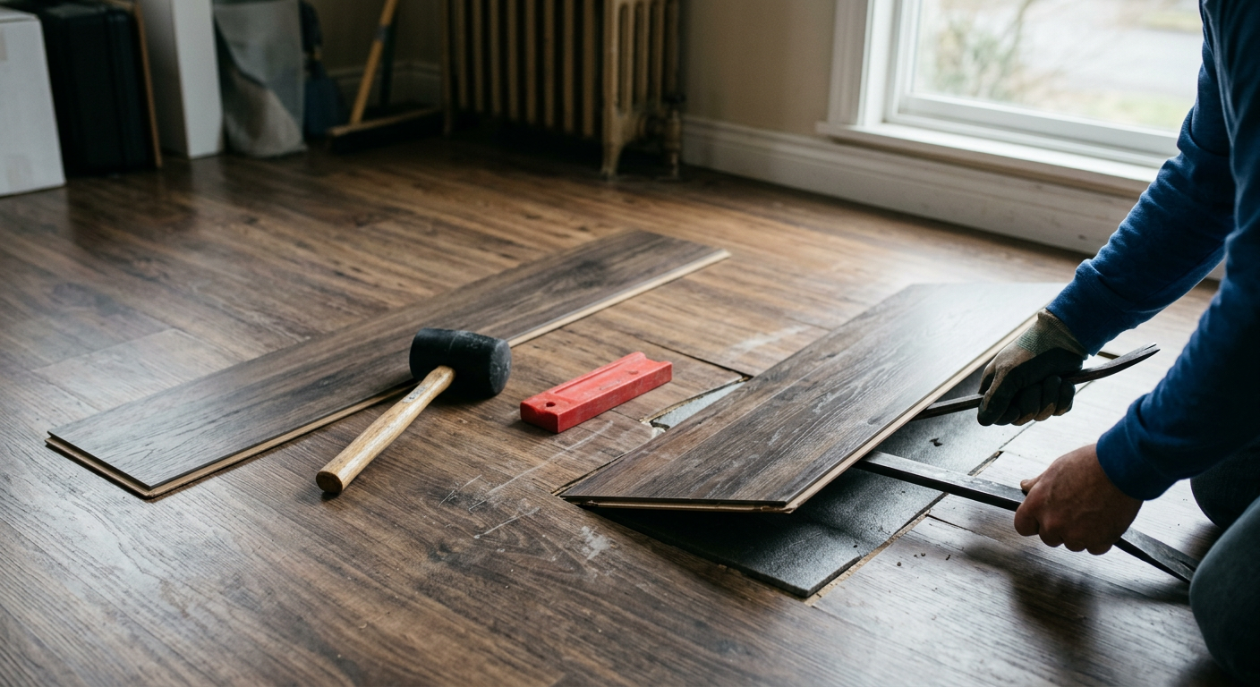 Close-up of a laminate flooring repair in progress in a Kenmore, WA home, with tools laid out.