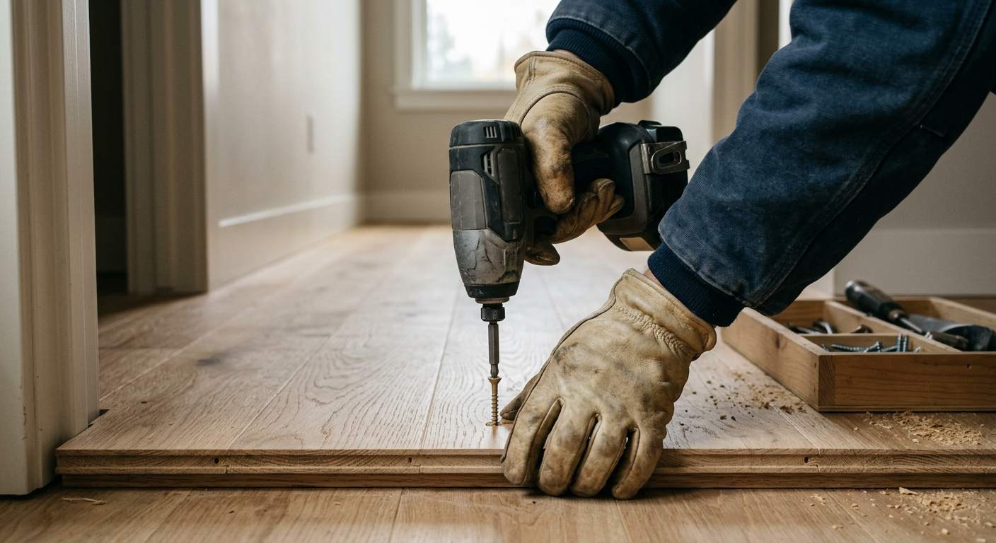 Contractor securing oak hardwood flooring during a floor repair in Kenmore WA
