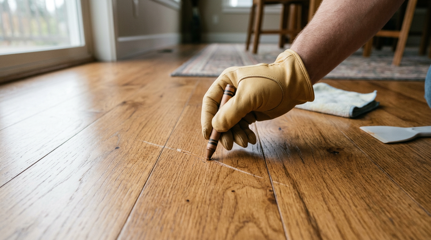 Close-up of a flooring repair being performed on a hardwood floor in a Medina, WA home.