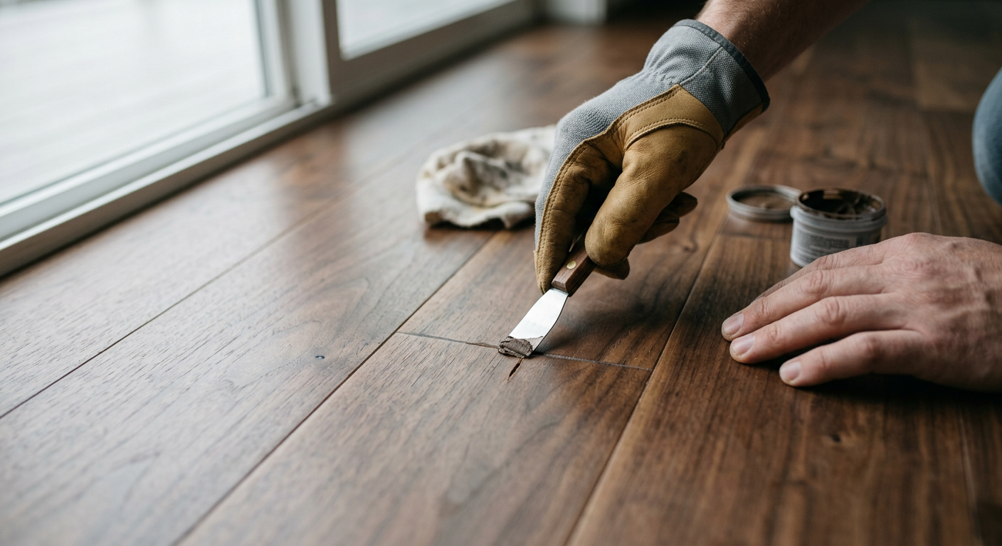 Close-up of a flooring repair being performed on a hardwood floor in a Medina, WA home.