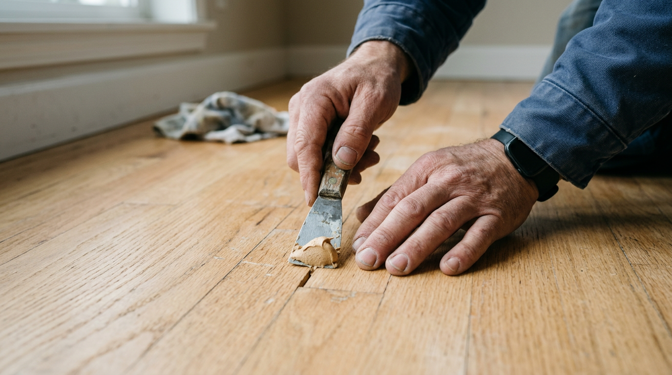 Close up of hands performing a flooring repair on a hardwood floor in a Monroe, WA home.