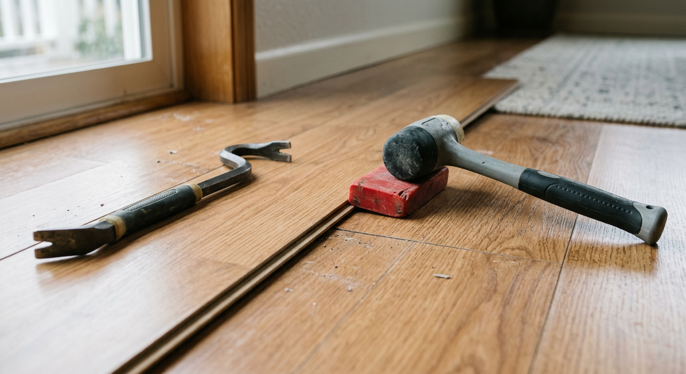 A close-up of flooring repairs in a Monroe, WA home, showing tools ready to install a new laminate plank.