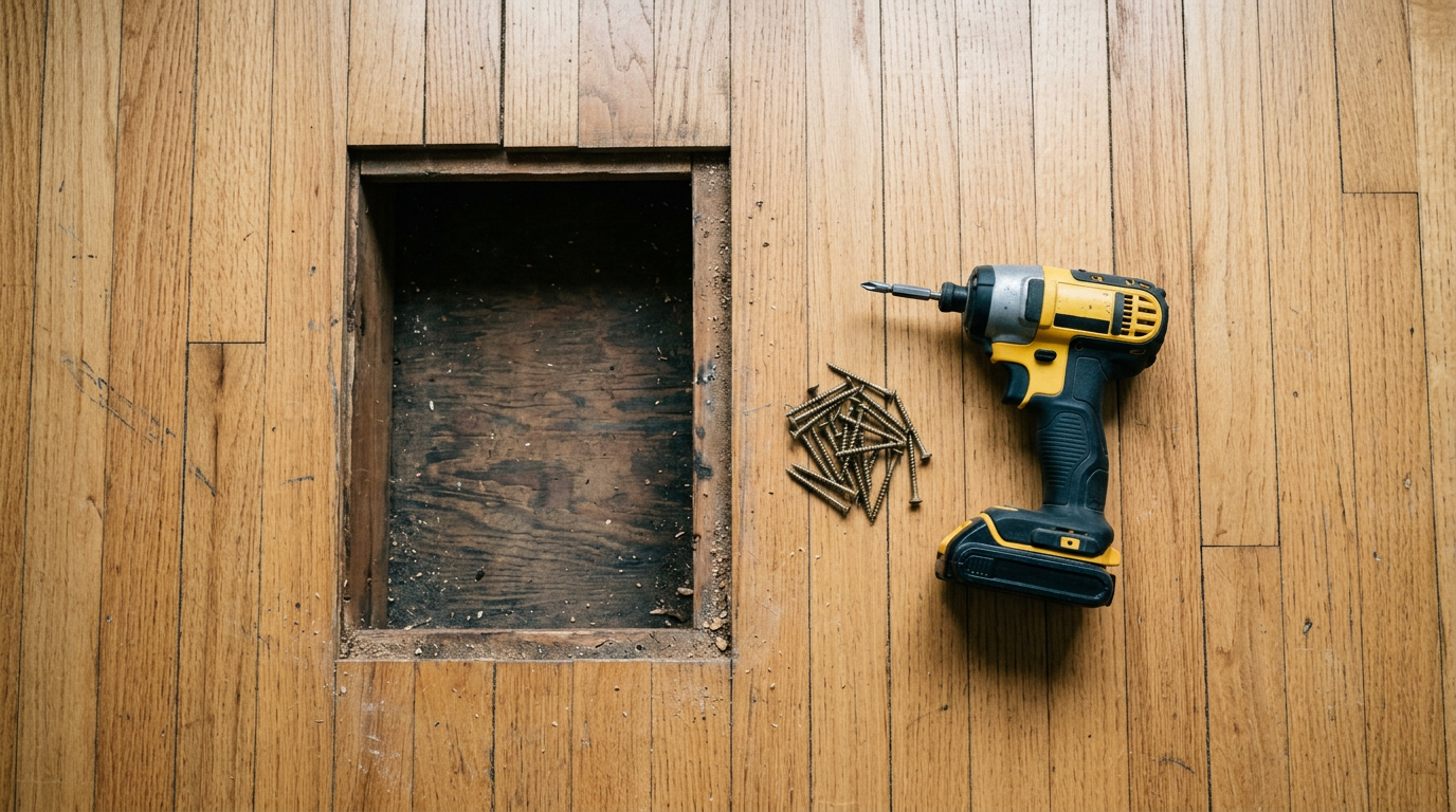 Damaged hardwood floorboard removed for flooring repairs in a Monroe, WA home, with tools ready for the fix.