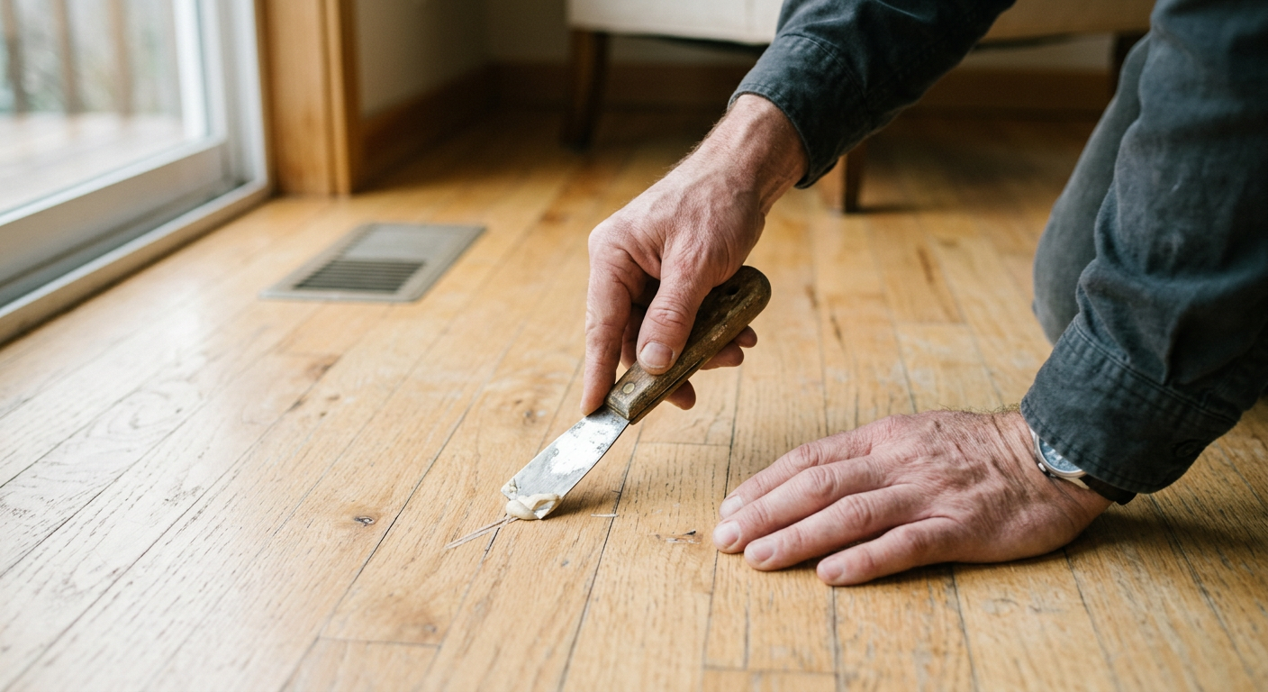 Applying wood filler to a scratch on a hardwood floor during a flooring repair in Monroe, WA.